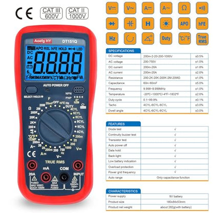 Automotive Multimeter, True RMS CAT III 600V, AC/DC Voltage/Current Tester, Temp/Freq/Ohm/Duty Cycle, 4-8 Cylinder Dwell Angle Test, Capacitance & HVAC/Industrial Tools with Engine RPM Measurement.