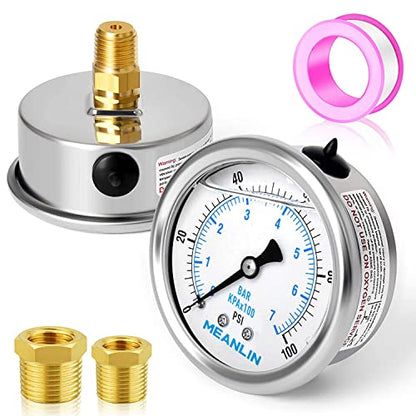 MEANLIN MEASURE 0~100Psi Stainless Steel 1/4" NPT 2.5" FACE DIAL Liquid Filled Pressure Gauge WOG Water Oil Air Center Back Mount, with 1/2" NPT and 3/8" NPT Hex Bushing - size: 0-100Psi