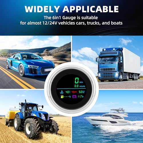 MH 6-in-1 Digital Gauge- Tachometer (0-19999 RPM), Hour Meter, Water Temp (℉/℃), Fuel Level, Oil Press (PSI/BAR), Voltage (0-99.9V) - 85mm AUTO Boat Gauge for Car Truck