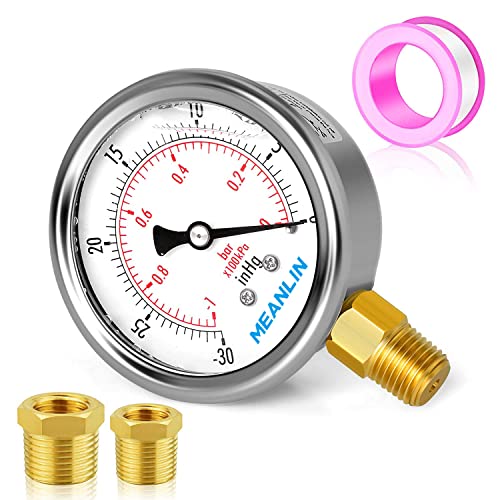 MEANLIN MEASURE -30inHG~0Psi Stainless Steel 1/4" NPT 2.5" FACE DIAL Vacuum Pressure Gauge, Lower Mount, with 1/2" NPT and 3/8" NPT Hex Bushing - size: -30inHG-0Psi