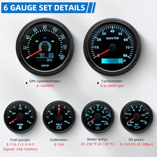 MH 6 Boat AUTO Gauge Set - 3-3/8" GPS Speedometer, Tachometer, 2-1/16" Oil Pressure, Fuel Level, Water Temperature, Voltmeter Marine Meter Kit Waterproof 7 Color (Black) - color: Black