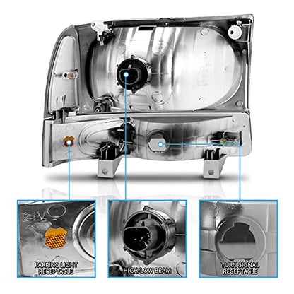 AmeriLite OE Black Replacement Headlights 4pcs Set w/Socket Bulb for 1999-04 Ford Excursion/Super Duty F250 F350 F450 F550 Truck - Passenger and Driver Side - color: Black