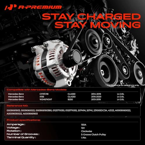 A-Premium Alternator, 12V 150A 5-Groove Clutch Pulley Clockwise