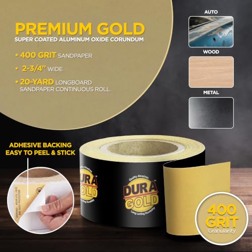 Dura-Gold Gold PSA Longboard Sandpaper, 400 Grit, 20 Yard Roll, 2-3/4" Wide - size: 400-Grit