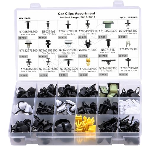 Rexka 252pcs for Ford Ranger Body Trim & Panel Clip Assortment Kit - Bumper, Fender Liner, Door, & Molding Retainers - W705589S300, W709176S300, W710459S300 Ford Ranger 2016-2019