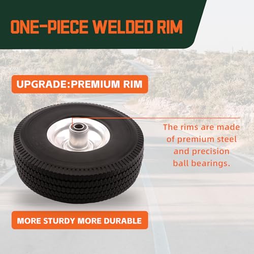 RRQ 4.10/3.50-4 Flat Free Tire, 10" Solid Wheels, 4.10-3.50-4 Tire, 2 Pack