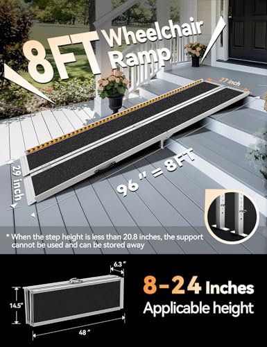 FACHNUO 8FT Portable Wheelchair Ramp for Home Steps, with Support Legs - size: 8FT(Using height 8-24'')