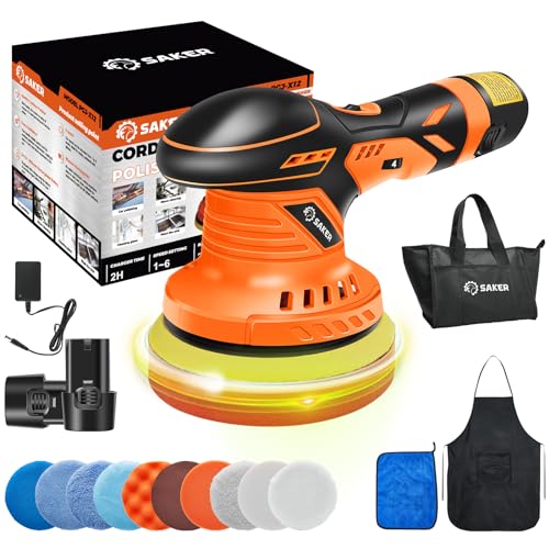 Saker Cordless Buffer Polisher, 6 Inch Fast Charging Portable Car Polishing Kit with 2PCS 12V 2000mAh Batteries, Polisher for Car Detailing Polishing Waxing (Orange, Buffer Polisher+2 Batteries+1 Bag) - size: Buffer Polisher+2 Batteries+1 Bag