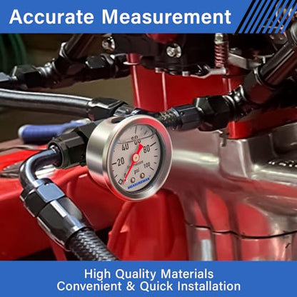 MEASUREMAN 0-100Psi Stainless Steel Glycerin Filled Fuel Pressure Gauge, 1-1/2" Dial Size, with 6AN Fuel Pressure Take Off Fitting Adapter Aluminum, 1/8" NPT Center Back Mount - size: 0-100 psi, style: Back Mount 6AN Adapter