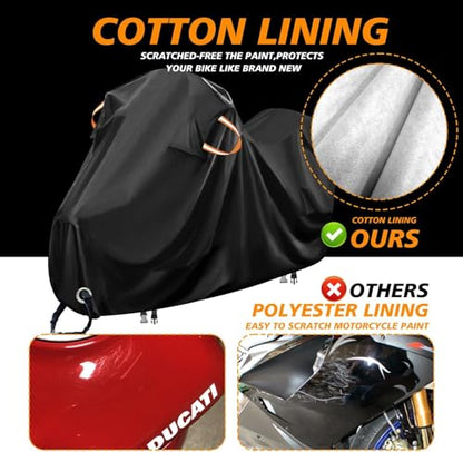 Motorcycle Cover Waterproof Outdoor,Scratch-Proof Cotton Fleece Lining - size: 104Lx41Wx50H Inch