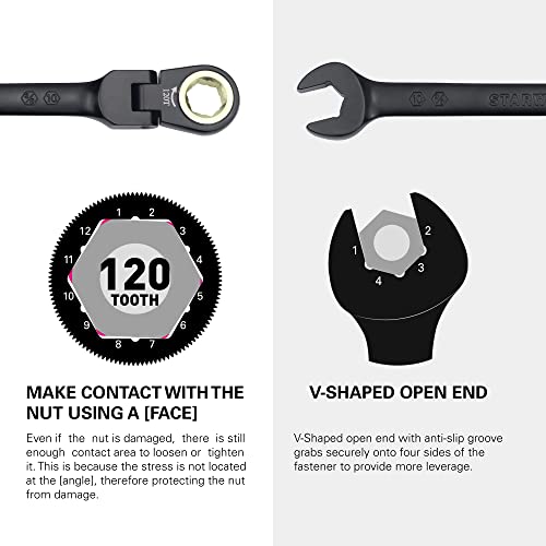 STARWORK TRUE MECHANIC™ 5-Piece 2-in-1 Flex-Head Ratcheting Wrench Set with Rolling Pouch, 120-Tooth, SAE&Metric - size: 5Pc. 120T Flexible