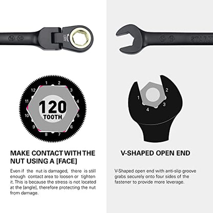 STARWORK TRUE MECHANIC™ 5-Piece 2-in-1 Flex-Head Ratcheting Wrench Set with Rolling Pouch, 120-Tooth, SAE&Metric - size: 5Pc. 120T Flexible