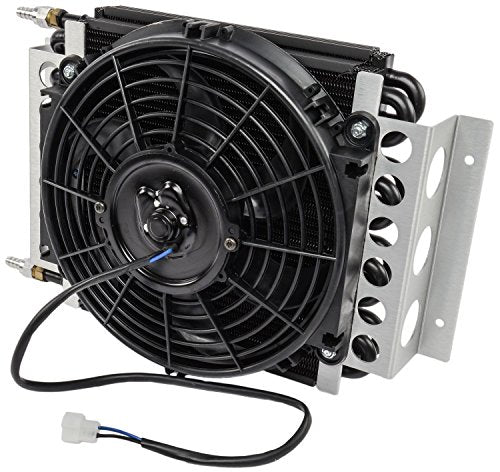 Fluid Cooler and Fan, 15-3/4 x 11-1/2 x 5 in, Tube Type, 6 AN Male Inlet/Outlet, Fittings, Aluminum/Copper, Black Powder Coat, Universal, Each