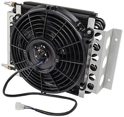 Fluid Cooler and Fan, 15-3/4 x 11-1/2 x 5 in, Tube Type, 6 AN Male Inlet/Outlet, Fittings, Aluminum/Copper, Black Powder Coat, Universal, Each