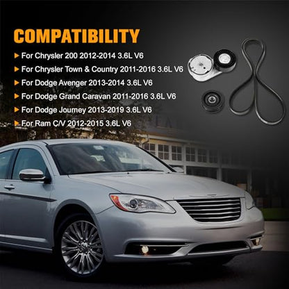 Engine Drive Belt Tensioner Idler Pulley Serpentine Belt Drive Kit Fit for Chrysler 200 Town & Country, Dodge Avenger Grand Caravan Journey, 3.6L V6, 2011-2019 - Replace 90K-39282D