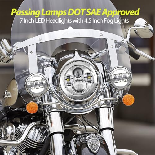 7 inch Motorcycle LED Headlight 4.5’’ Fog Passing Lights DOT Kit for Harley Davidson Road King Custom Street Electra Glide Ultra Limited Special Low CVO Tri Heritage Softail Deluxe Classic Switchback - size: 7 inch Chrome