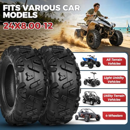 PROPARTS 24x8-12 ATV/UTV Tires, 6-Ply 24x8x12 24-8-12 All Terrain Off-Road Golf Cart Tire for Mud, Sand and Trail, Max Load 340 lbs, Tubeless, Set of 2 - size: 24x8-12