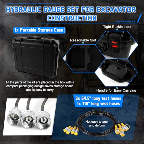 Hydraulic Pressure Test Kit 10Mpa/25Mpa/40Mpa/60Mpa 4 Pressure Gauges 10 Test Couplings 3 Test Hoses for Excavator Construction Machinery(with Sturdy Carrying Case Black) - size: Black 4 Gauges 10 Couplings
