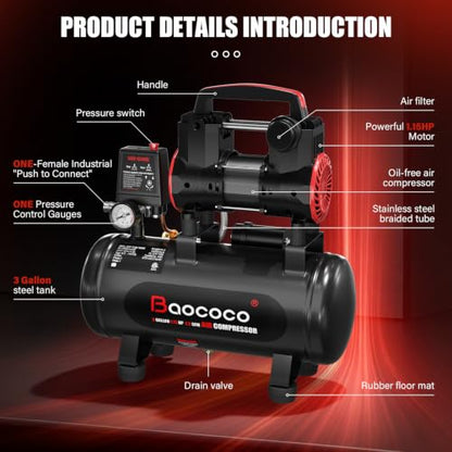 Portable Air Compressor with 3 Gallon Steel Tank 1.15 HP 2.2 CFM @ 90 PSI - size: 3Gallon