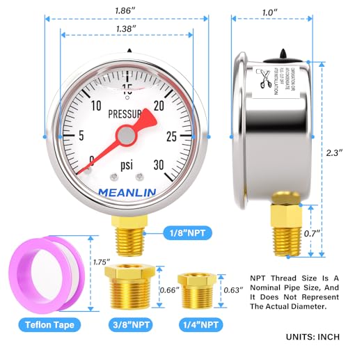 MEANLIN MEASURE 2pcs 0~30Psi Stainless Steel Liquid Filled, 1/8" NPT 1.5" Glycerin Filled Pressure Gauge, Water Oil Air, Lower Mount, with 1/4" NPT and 3/8" NPT Hex Bushing - size: 0-30Psi
