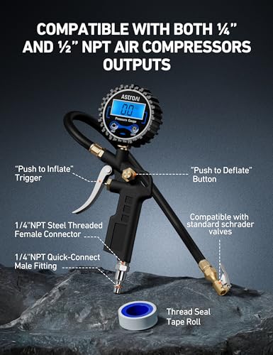 AstroAI Digital Tire Pressure Gauge with Inflator 3-250 PSI Fits 1/4" NPT - size: 1 Pack Standard, style: without case