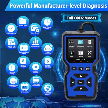 OBD2 Scanner Diagnostic Tool - Check Engine Light Code Reader, Reset Function, Data Stream, I/M Readiness, Full Features, Modes 6 & 8, for All 1996+ Vehicles, Automotriz Scanner - color: Blue