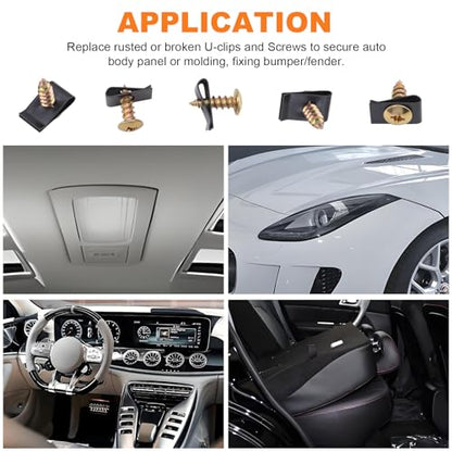 200Pcs Car U-Nuts Clips and Screw Assortment Kit, 11 Different Sizes Automotive U-Clip & Screw Parts for Dash Door Panel Interior, M6 Engine Under Cover Undertray Splash Shield Guard Bolts