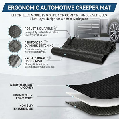 60''x28'' Rolling Creeper Mat with Storage Bag, Foldable Two-Layer Automotive Mechanic Repair Mat, Mechanic Creeper for Low Clearance, Special Roads, Long-Distance Trucks, Mechanics Pad, Black