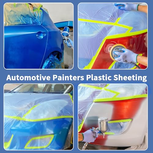 Painters Plastic with Tape 22" x 66',Pre-Taped Masking Film Reinforced Tape and Drape,Tear-Resistant Plastic Painting Film for Car Painting & Home Renovation (4 Rolls) - size: 22" x 66'