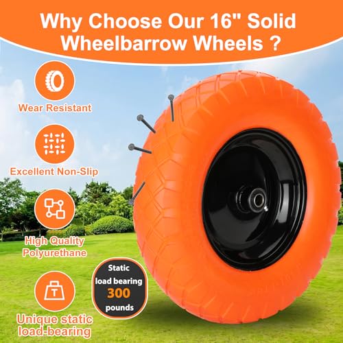 Upgraded 4.80/4.00-8 Flat Free Wheelbarrow Wheels with 5/8" & 3/4" Bearing - color: orange
