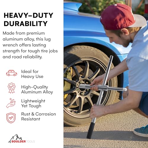 Boulder Tools 23 inch 4 Way Lug Wrench - Universal Telescopic Tire Removal Tool for Car and Truck - Portable Heavy Duty Tire Changing Tool for 19 mm and 21 mm Nuts - Durable Silver Aluminum Alloy - style: 23" Cross Tire Wrench