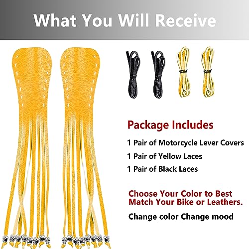 2PCS Faux Leather Motorcycle Lever Covers with Fringes, Motorcycle Brake Clutch Lever Covers Grip Tassels Motorcycle Handlebar Handle Grip Covers, Fringed Leather Lever Covers Wraps with Skulls - color: Yellow & Black Laces*1 & Yellow Laces*1