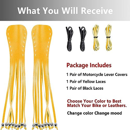 2PCS Faux Leather Motorcycle Lever Covers with Fringes, Motorcycle Brake Clutch Lever Covers Grip Tassels Motorcycle Handlebar Handle Grip Covers, Fringed Leather Lever Covers Wraps with Skulls - color: Yellow & Black Laces*1 & Yellow Laces*1
