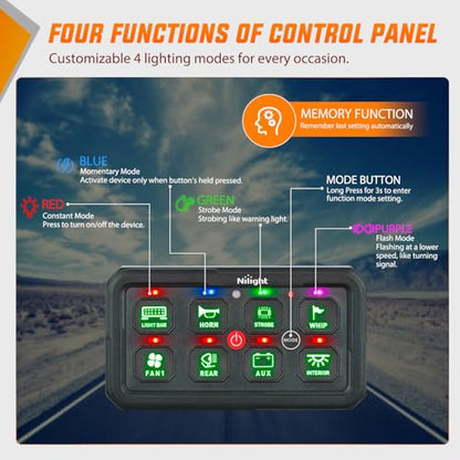 Nilight 8 Gang Switch Panel Green 12V 24V Circuit Control System 4-Mode - color: Green, size: 8 Gang Switch 4 Modes