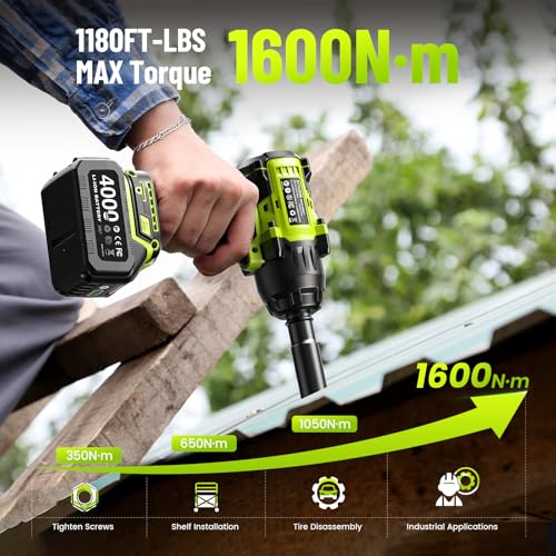 Robustrue 1600N.m (1180ft-lbs) Cordless Impact Wrench, 1/2 High Torque Brushless Impact Gun, 2400RPM Power, 2 x 4.0Ah Batteries, Fast Charger, Impact Wrench for Heavy Duty Truck RV Mower - size: 1600N.m
