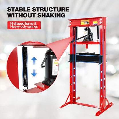 GarveeTech 20 T Hydraulic Press, 20 T H-Frame Garage Floor Hydraulic Shop Press, Adjustable Hydraulic Press with Plates, Red