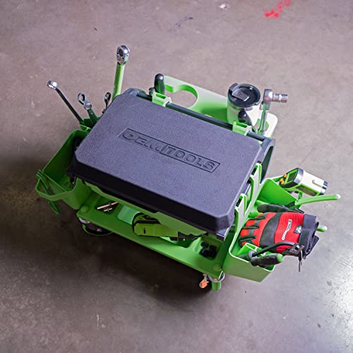 OEMTOOLS Sidekick Rolling Mechanic Stool – 5 Tool Trays, Cushioned Seat, 330 lb Capacity (Green)