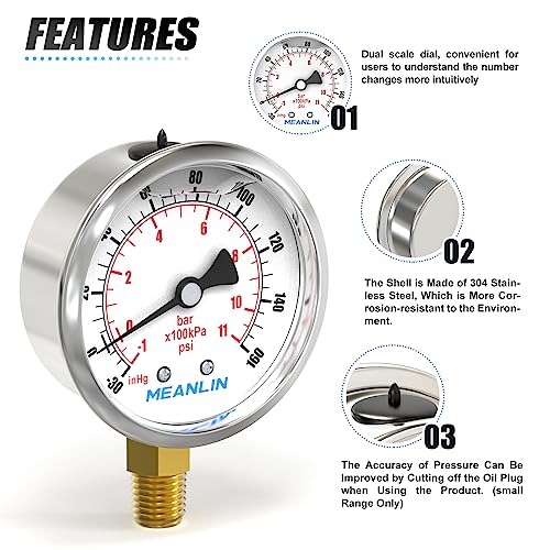 MEANLIN MEASURE -30inHG~160Psi Stainless Steel 1/4" NPT 2.5" FACE DIAL Vacuum Pressure Gauge, Lower Mount, with 1/2" NPT and 3/8" NPT Hex Bushing - size: -30inHG-160Psi