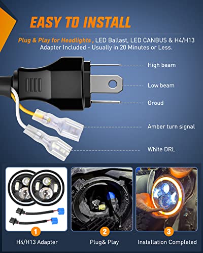 Nilight 2PCS 7 Inch LED Halo Headlights w/Turn Signal Amber White DRL - color: JK Headlight White Amber 2Pcs