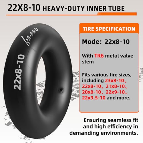 AR-PRO Relacement 22x8-10, 22x9-10 Inner Tubes for ATV, Lawn Tractor, Mowers, Golf Cart, Snow Blowers, and More - with TR6 Straight Metal Valve Stems - Made from Durable Butyl Rubber (2-Pack) - size: 22x8-10,TR-6