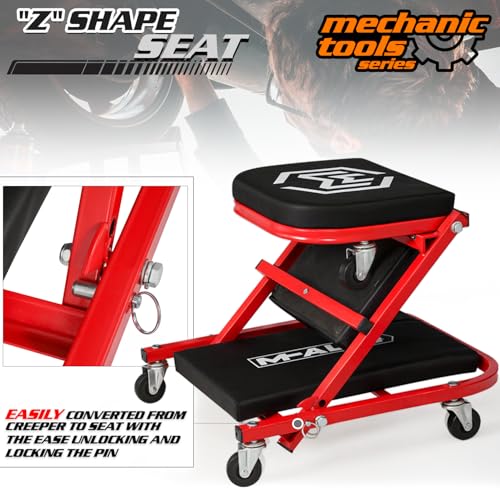 M-AUTO 40-Inch Folding Creeper Rolling Seat, All-in-One Adjustable Roller Garage Chair, Lay Down or Sit, 330LBS Capacity Under Car Roller Creeper with 6 Swivel Casters, Red - color: Red, size: 40"