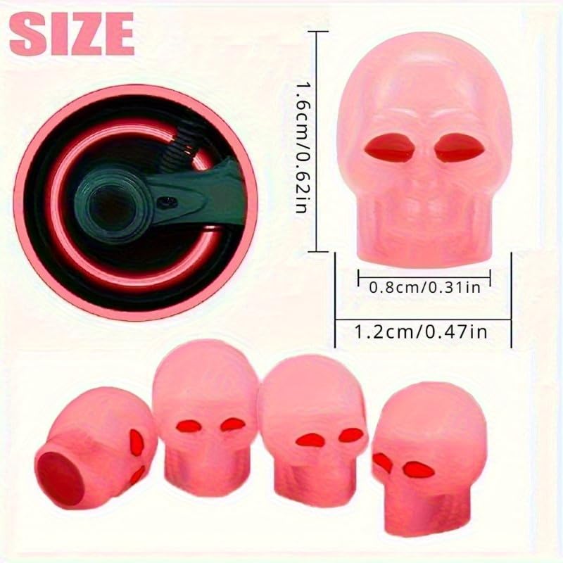 4Pcs Glow in Dark Tire Valve Stem Caps, Pink Skull Design, High Visibility, Stylish Designed Car Caps