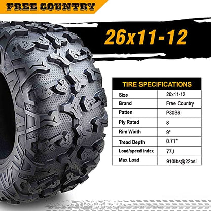 Free Country Set2 Premium ATV/UTV Tires 26x11-12 26x11x12 8PR w/Scuff Guard - size: 26X11-12