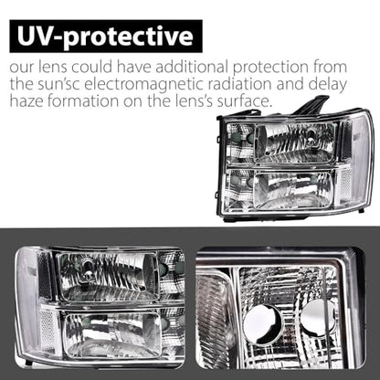 G-PLUS Headlights Assembly, Fit 2007-2013 GMC Sierra 1500/2007 2008 2009 2010 2011 2012 2013 2014 GMC Sierra 2500 HD/3500HD Headlamps,Clear Lens Chrome Housing Clear Reflector,faros delanteros - size: [Clear] 2007-2013 Sierra
