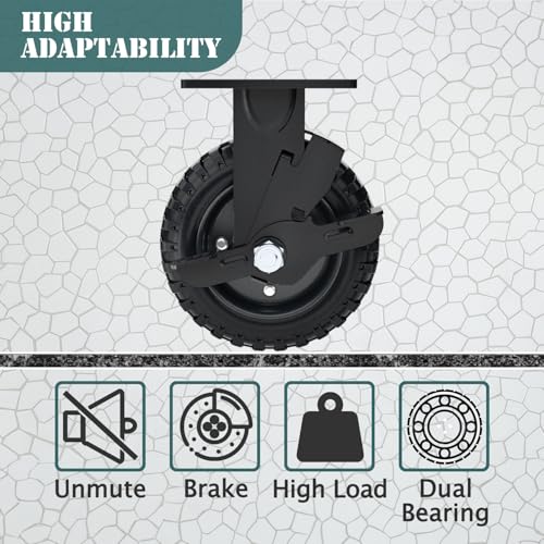 8 Inch Rigid Heavy Duty Caster Wheel with Brake, Set of 2 - size: 8 Inch