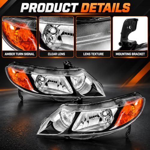 2PCS Halogen Headlight Assembly For 2006-2011 Honda Civic Sedan - color: Right+Left