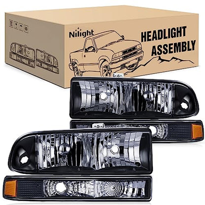 Nilight Headlight Assembly for 1998 1999 2000 2001 2002 2003 2004 2005 Chevy Blazer Headlights 1998-2004 Chevrolet S10 Pickup Replacement Headlamp Housing Bumper Lights - color: Black Housing + Amber Reflector