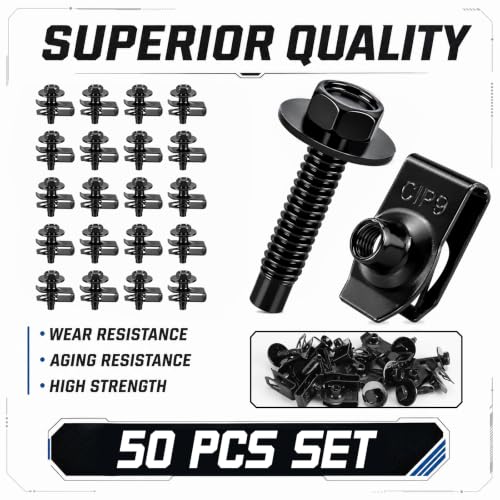 100PCS Automotive Body Bolt & U Nut Kit, M6-1.0 Hex Head Screws with Extruded U-Nuts Clips, Fender Liner, Splash Shield, Engine Under Cover, Bumper & Hood Fastener Assortment (50 Sets) - color: Black M6 x 1.0