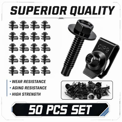 100PCS Automotive Body Bolt & U Nut Kit, M6-1.0 Hex Head Screws with Extruded U-Nuts Clips, Fender Liner, Splash Shield, Engine Under Cover, Bumper & Hood Fastener Assortment (50 Sets) - color: Black M6 x 1.0