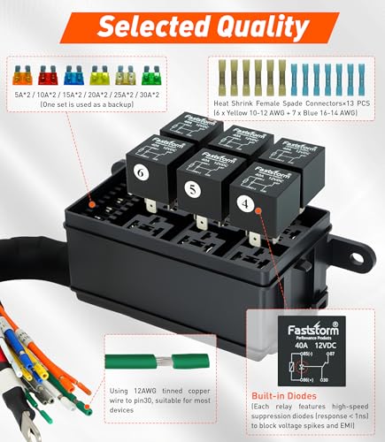 Fuse Relay Box, Relay Block Box Built-in Diodes 6 Way 12 AWG Pre-Wired Waterproof Relay Panel with Relays and Terminals, ATC/ATO Fuses Automotive Relay Box 12V for Automotive Car Marine Boat